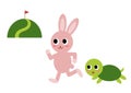 Vector Illustration of the hare and the tortoise. Fairy fable tale characters. Rabbit and turtle racing.